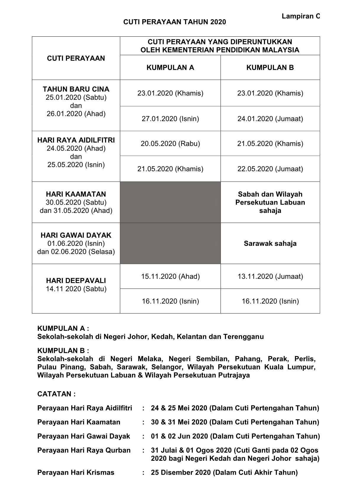 Jadual Takwim 20201