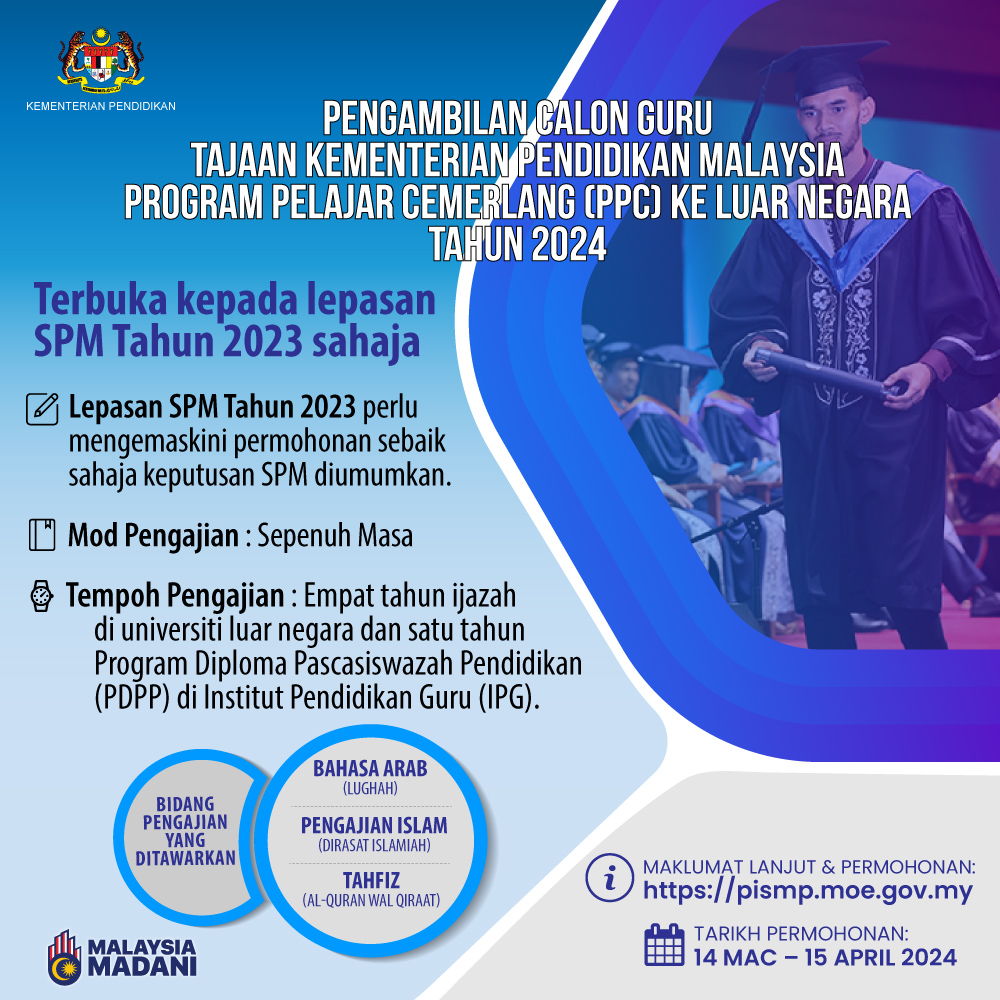 Pengambilan Calon Guru Tajaan Kementerian Pendidikan Malaysia Program Pelajar Cemerlang (PPC) Ke Luar Negara Tahun 2024