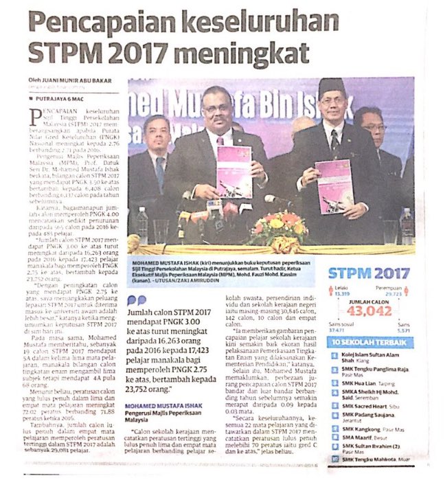 Pencapaian keseluruhan STPM 2017 meningkat   Utusan Malaysia 7 Mac 2018