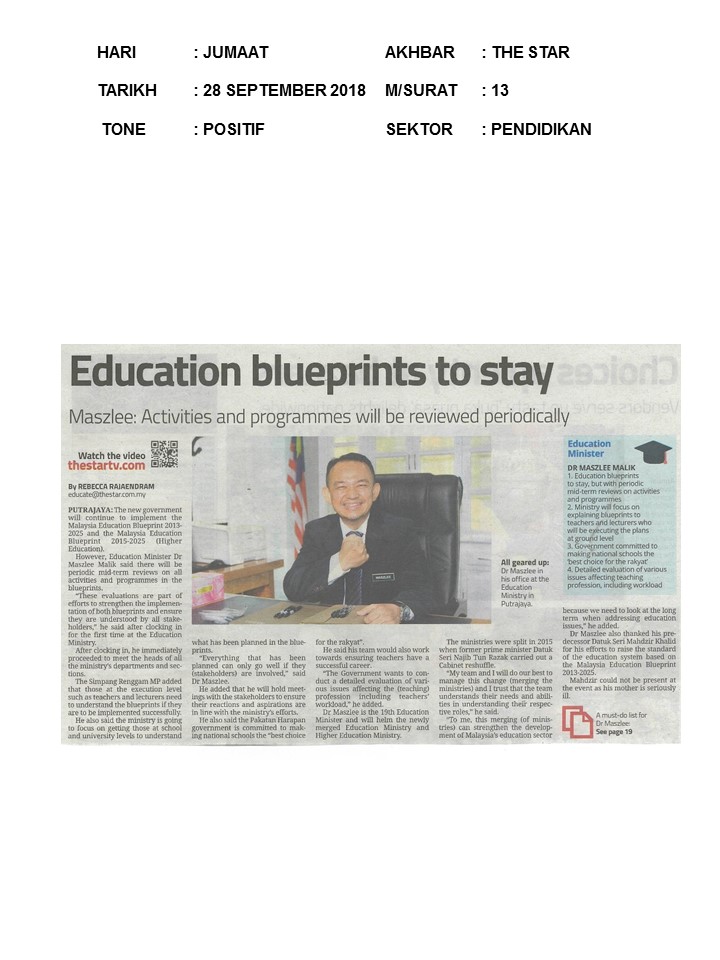 Education Blueprints To Stay   The Star 28 September 2018